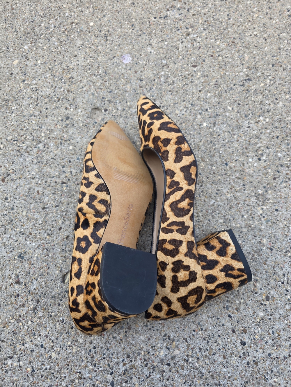 Franco Sarto Leopard Print Pointed Toe Block Heel Pumps - Tan/Black Women 6 - Picture 9 of 10